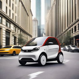 A high-resolution image of a SEAT microcar driving through a bustling city street