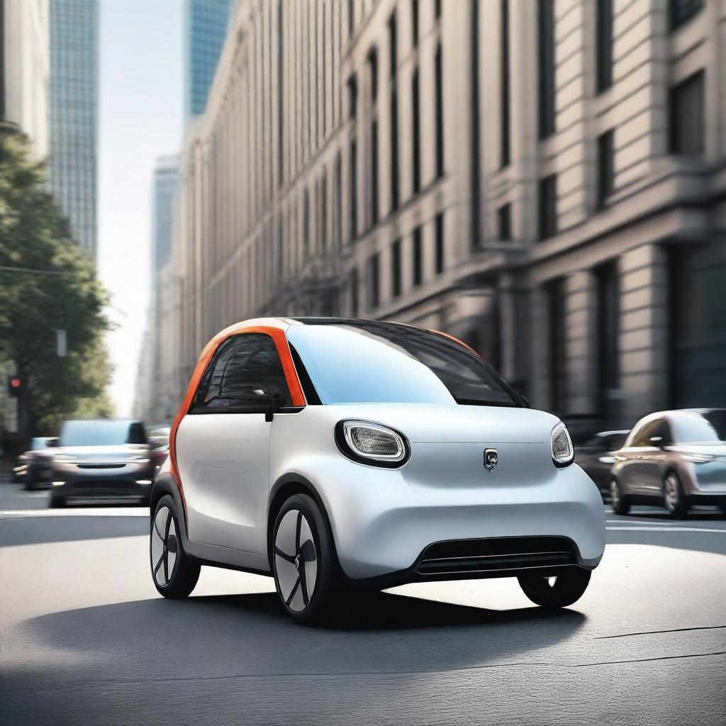 A high-resolution image of a SEAT microcar driving through a bustling city street