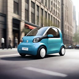 A high-resolution image of a SEAT microcar driving through a bustling city street