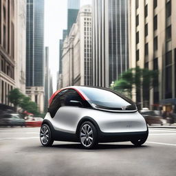 A high-resolution image of a SEAT microcar driving through a bustling city street