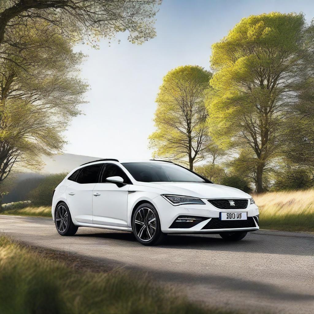 A high-resolution image of a white 2019 SEAT Leon FR ST parked in a scenic location