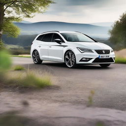 A high-resolution image of a white 2019 SEAT Leon FR ST parked in a scenic location