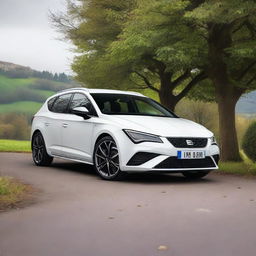 A high-resolution image of a white 2019 SEAT Leon FR ST parked in a scenic location