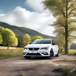 A high-resolution image of a white 2019 SEAT Leon FR ST parked in a scenic location