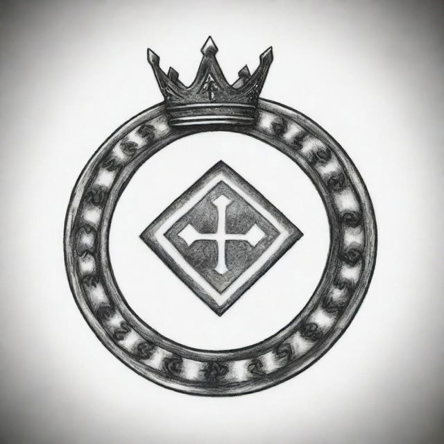 A symbolic tattoo design that resonates with the teachings of Andrew Tate, not employing any human figures. Use symbols such as an unbroken chain for self-dependency, a crown for success and perhaps a sports car for persistence and speed.