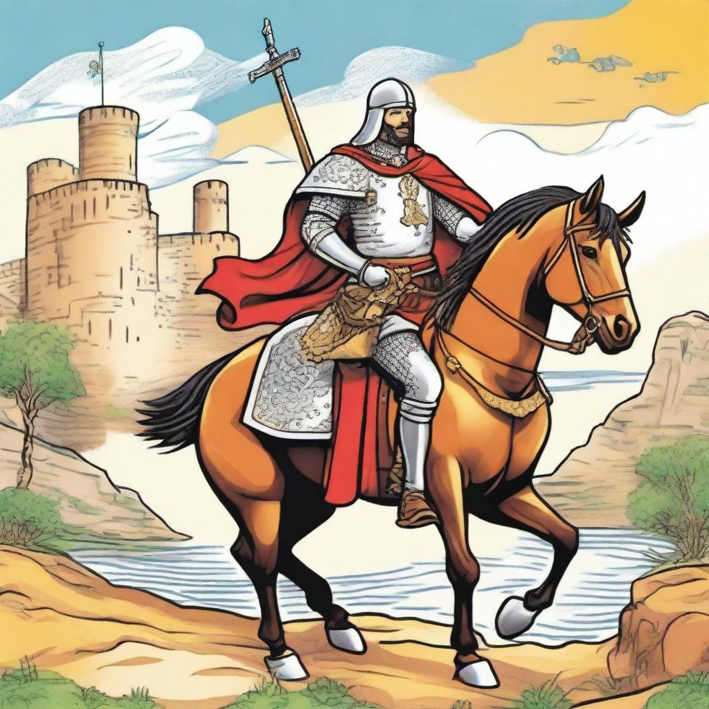 Create an illustration of El Cid Campeador for children, titled: 'Recreando nuestro pasado: Odisea literaria'