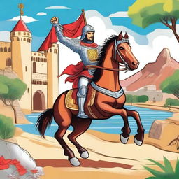 Create an illustration of El Cid Campeador for children, titled: 'Recreando nuestro pasado: Odisea literaria'