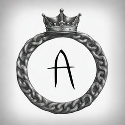 A symbolic tattoo design that resonates with the teachings of Andrew Tate, not employing any human figures. Use symbols such as an unbroken chain for self-dependency, a crown for success and perhaps a sports car for persistence and speed.