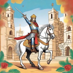 Create an illustration of El Cid Campeador for children, titled: 'Recreando nuestro pasado: Odisea literaria'