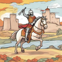 Create an illustration of El Cid Campeador for children, titled: 'Recreando nuestro pasado: Odisea literaria'