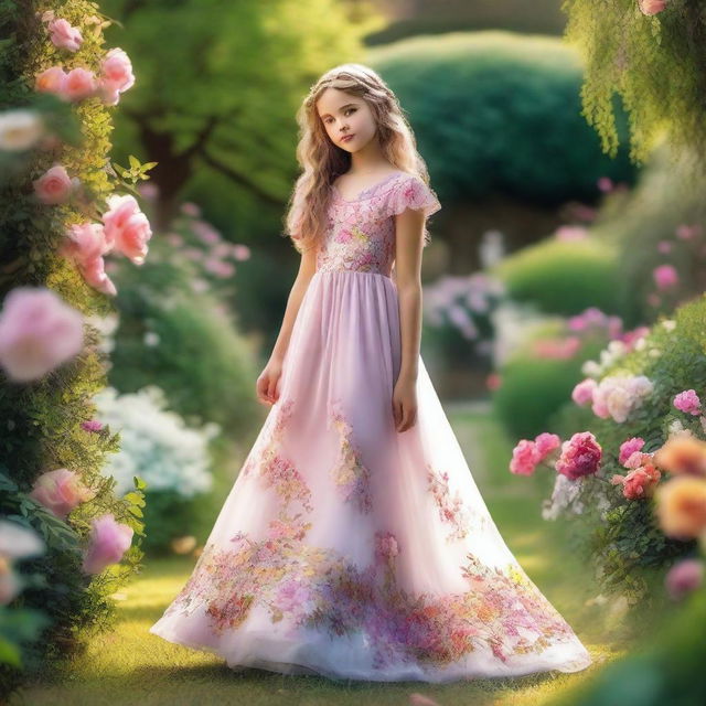 A young girl wearing a beautiful dress, standing in a picturesque garden