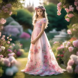 A young girl wearing a beautiful dress, standing in a picturesque garden