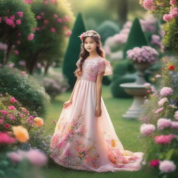 A young girl wearing a beautiful dress, standing in a picturesque garden