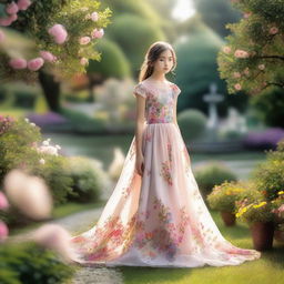 A young girl wearing a beautiful dress, standing in a picturesque garden