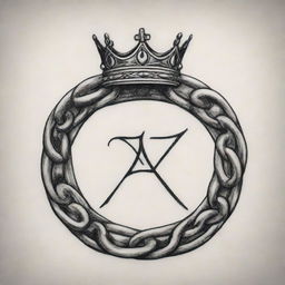 A symbolic tattoo design that resonates with the teachings of Andrew Tate, not employing any human figures. Use symbols such as an unbroken chain for self-dependency, a crown for success and perhaps a sports car for persistence and speed.