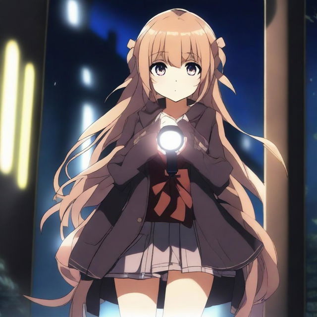 An anime girl holding a flashlight, standing in a dark and mysterious setting