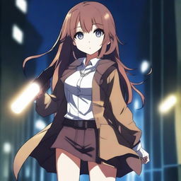 An anime girl holding a flashlight, standing in a dark and mysterious setting