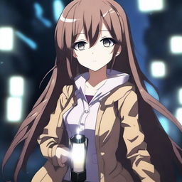 An anime girl holding a flashlight, standing in a dark and mysterious setting