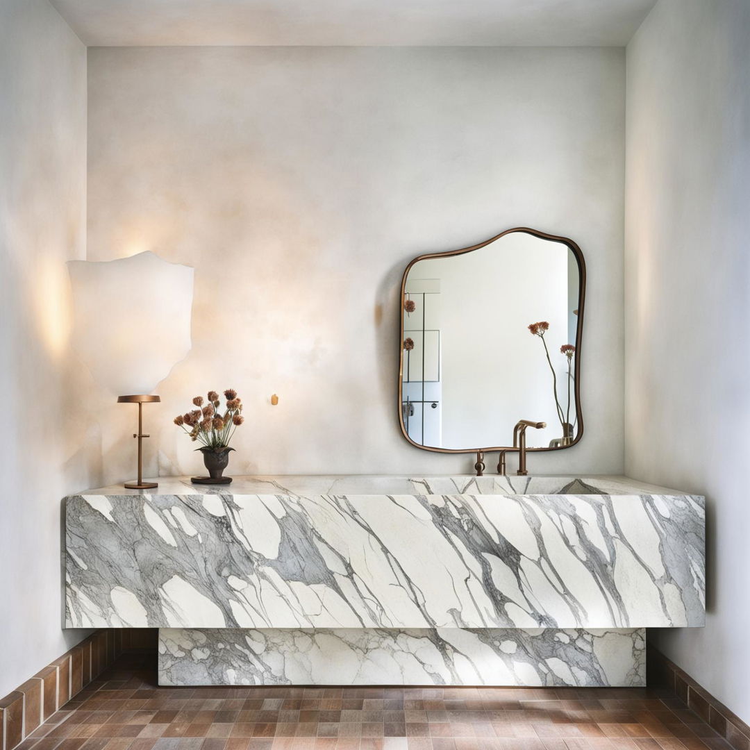 A serene bathroom with clean white plaster wall, calacatta marble vanity, single organic-shaped mirror, small mounted feature lamp beside the mirror, vase with dried flowers, and delicate terracotta tiles on the floor, all bathed in shards of light casting soft shadows.