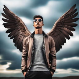 A young man with large, majestic wings wearing a stylish jacket