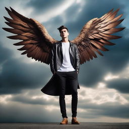 A young man with large, majestic wings wearing a stylish jacket