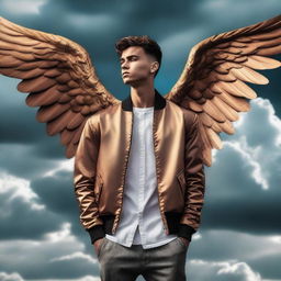 A young man with large, majestic wings wearing a stylish jacket