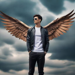 A young man with large, majestic wings wearing a stylish jacket