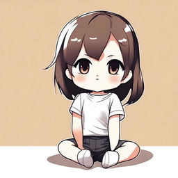 A full-length illustration of a chibi girl sitting down