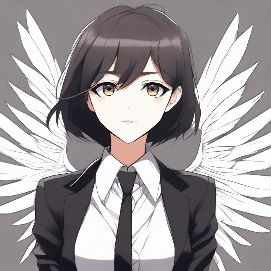 A detailed illustration of an anime girl with big, expressive eyes and long, elegant wings