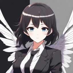 A detailed illustration of an anime girl with big, expressive eyes and long, elegant wings