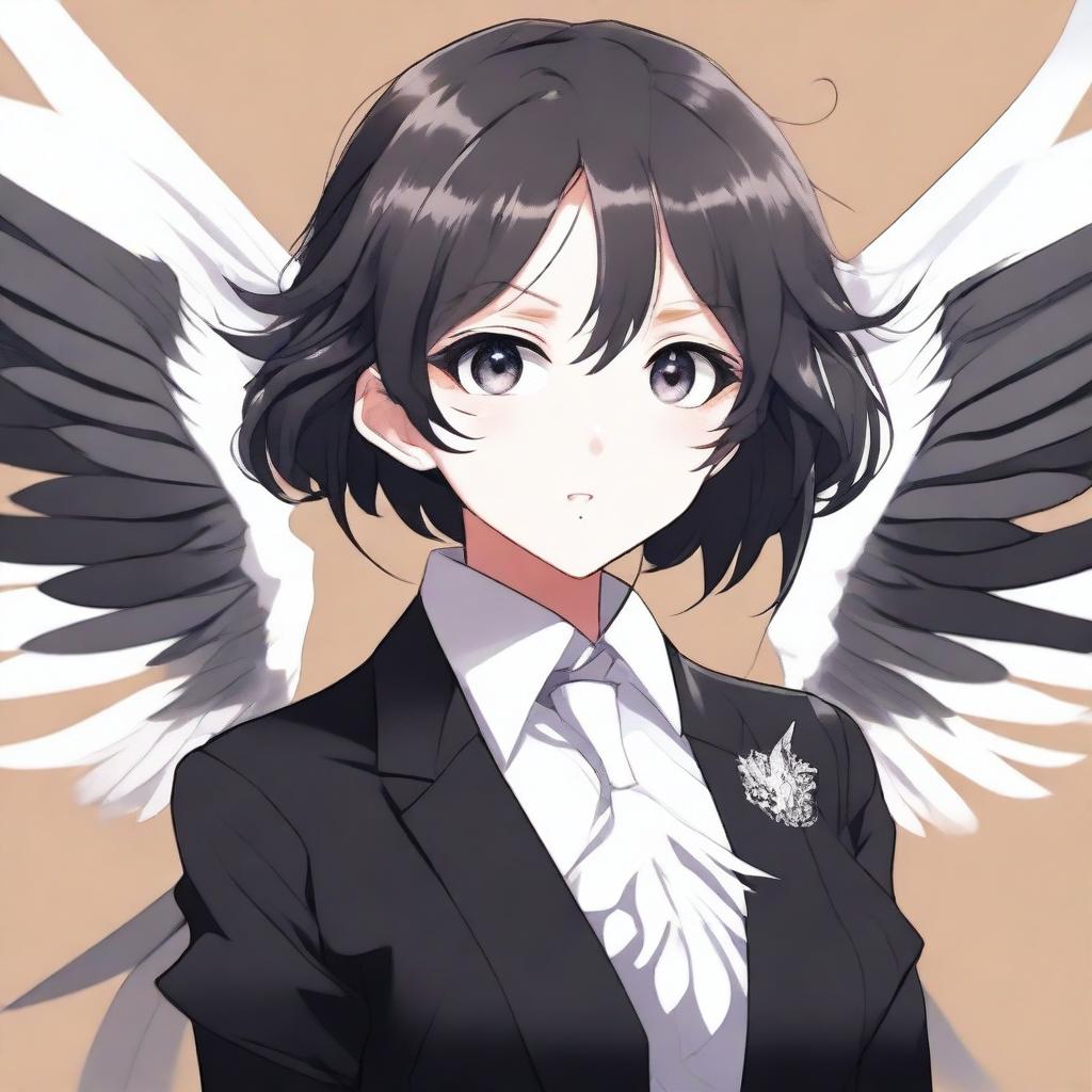 A detailed illustration of an anime girl with big, expressive eyes and long, elegant wings