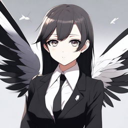 A detailed illustration of an anime girl with big, expressive eyes and long, elegant wings