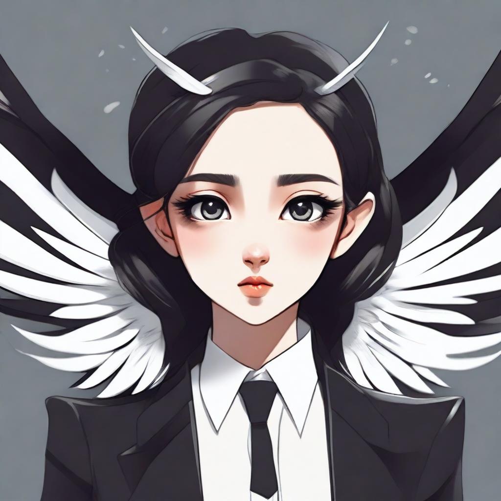 A detailed illustration of a girl with big, expressive eyes and long, elegant wings