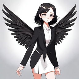 A detailed illustration of a girl with big, expressive eyes and long, elegant wings