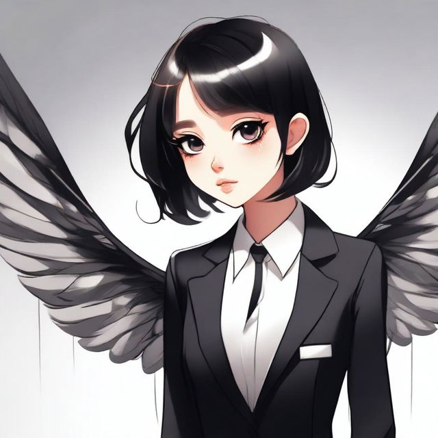 A detailed illustration of a girl with big, expressive eyes and long, elegant wings