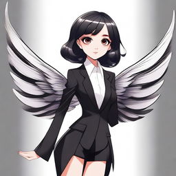 A detailed illustration of a girl with big, expressive eyes and long, elegant wings