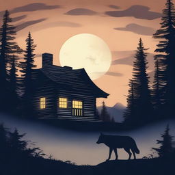 An enchanting cover image of a rustic cabin in the woods, with the silhouettes of two wolves howling at the moon in the foreground