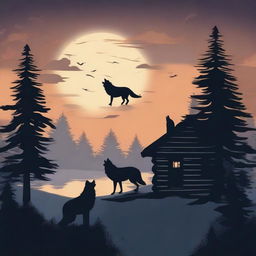 An enchanting cover image of a rustic cabin in the woods, with the silhouettes of two wolves howling at the moon in the foreground