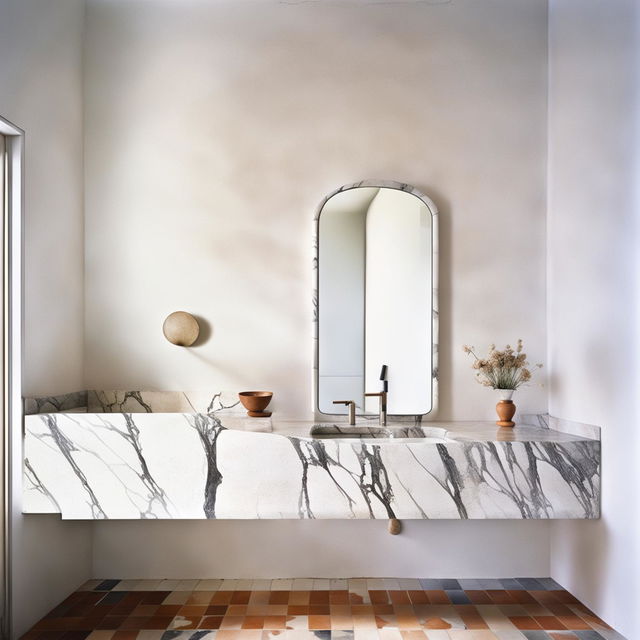 A serene bathroom with clean white plaster wall, minimalist dainty calacatta marble vanity, single organic-shaped mirror, small mounted feature lamp beside the mirror, vase with dried flowers, and delicate terracotta tiles on the floor, all bathed in shards of light casting soft shadows.