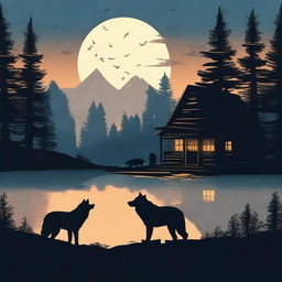 An enchanting cover image of a rustic cabin in the woods, with the silhouettes of two wolves howling at the moon in the foreground