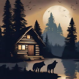 An enchanting cover image of a rustic cabin in the woods, with the silhouettes of two wolves howling at the moon in the foreground