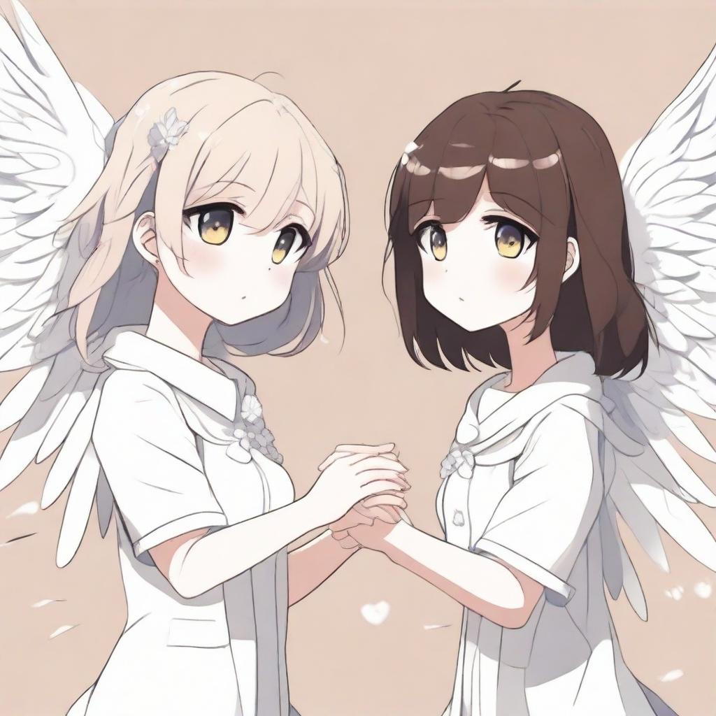 A detailed illustration of two anime girls with big, expressive eyes and white wings