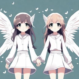 A detailed illustration of two anime girls with big, expressive eyes and white wings