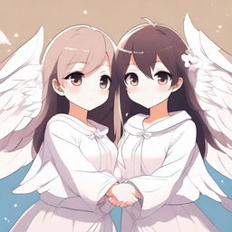 A detailed illustration of two anime girls with big, expressive eyes and white wings