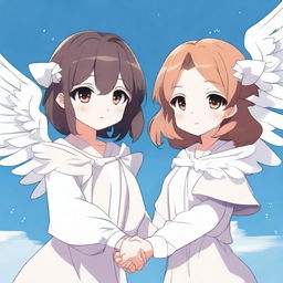 A detailed illustration of two anime girls with big, expressive eyes and white wings