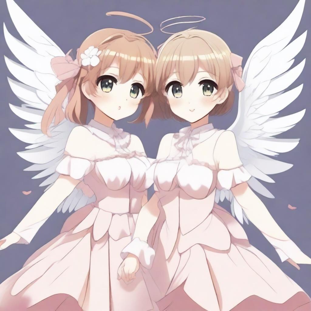 A detailed illustration of two anime girls with white wings holding hands