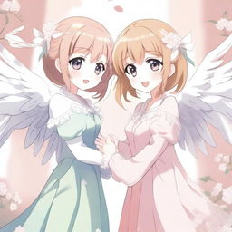 A detailed illustration of two anime girls with white wings holding hands