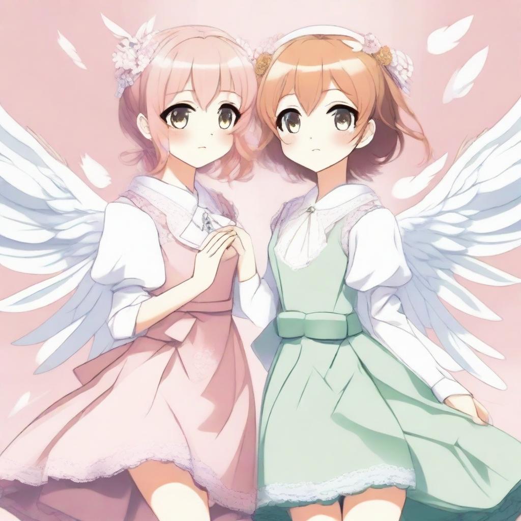 A detailed illustration of two anime girls with white wings holding hands