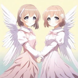 A detailed illustration of two anime girls with white wings holding hands