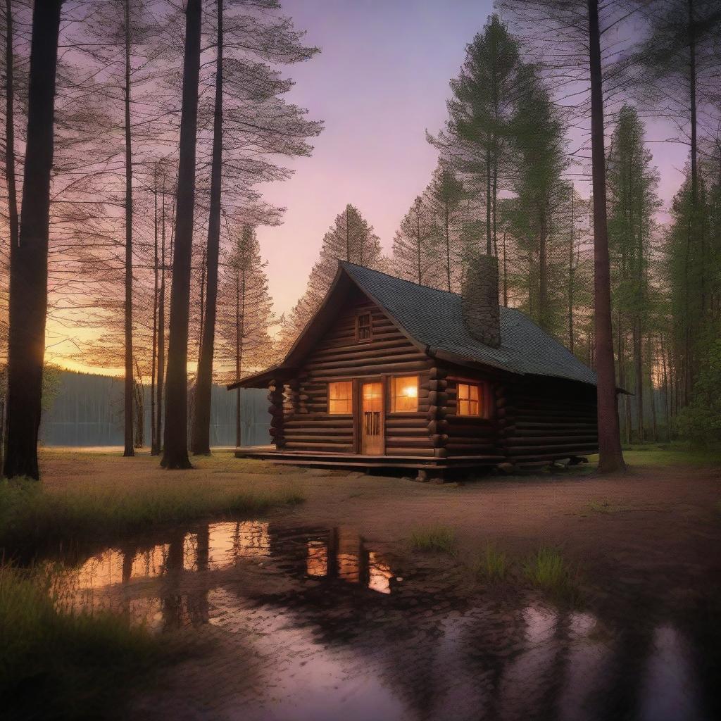 A captivating cover image of a rustic cabin nestled in the woods, with distant silhouettes of a man and a woman standing together